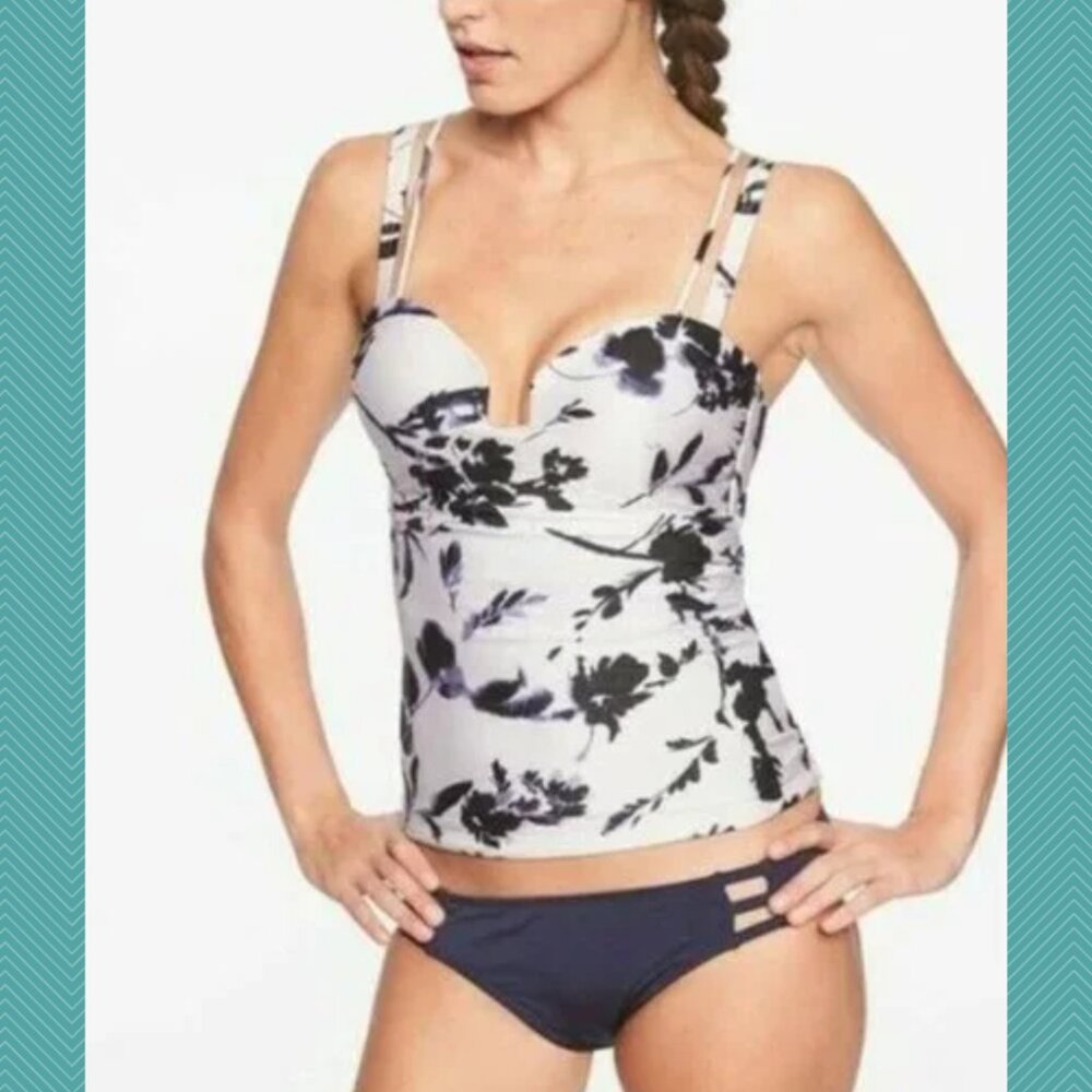 Athleta White Floral Print Aqualuxe Square Plunge Tankini